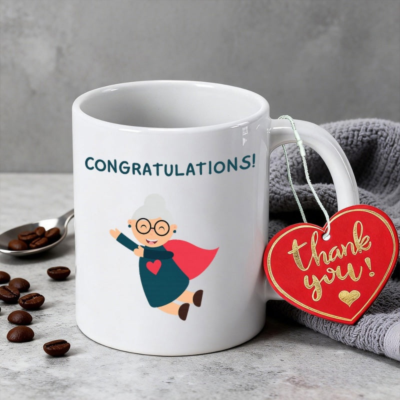 Tailorly White Ceramic 11 oz Mug - Congratulations Flying Elderly Woman With Red Cape And Heart Superhero