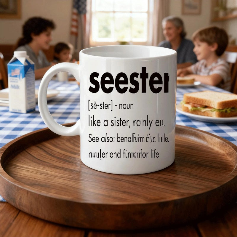 Tailorly White Ceramic 11 oz Mug - Seester Minimalist White Ceramic Resting On A Polished Round Wooden Tray Mug