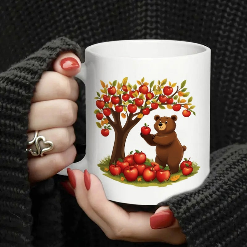 Tailorly White Ceramic 11 oz Mug - Cute Brown Bear Standing Under An Apple Tree With Ripe Red Fruits Bear