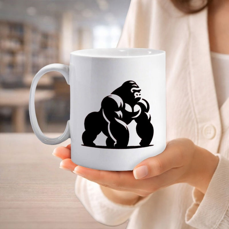 Tailorly White Ceramic 11 oz Mug - Powerful Muscular Black Silhouette Standing Firm On Clean White Background Gorilla