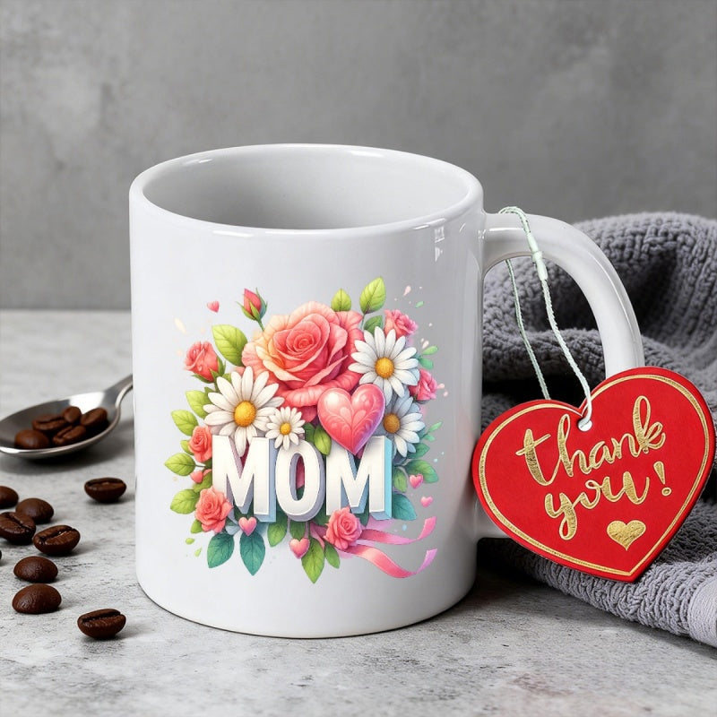 Tailorly White Ceramic 11 oz Mug - Mom Vibrant Blooming Pink Roses And White Daisies With Green Leaves Flower