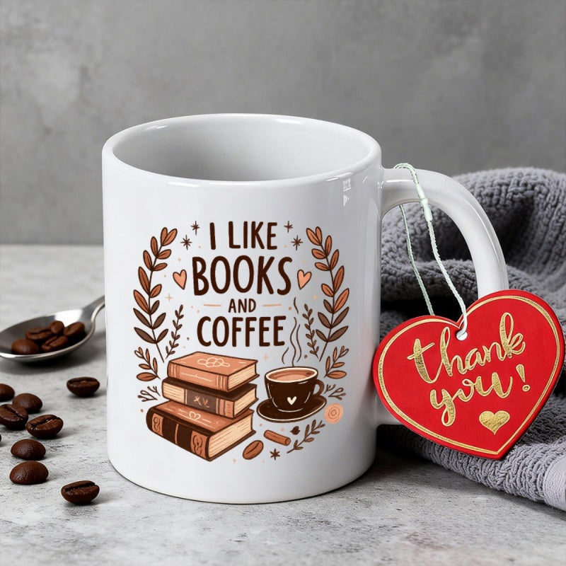 Tailorly White Ceramic 11 oz Mug - I Like Books And Coffee Stack Of Vintage Books Beside Steaming Cup Of Warm Morning Coffee Mug