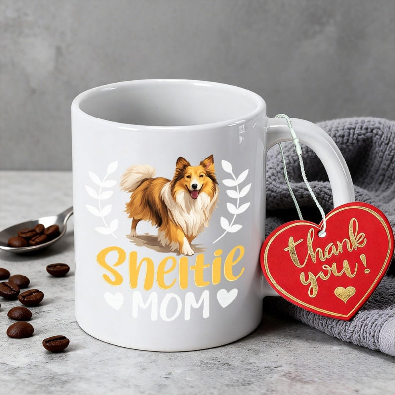 Tailorly White Ceramic 11 oz Mug - Sheltie Mom Majestic Long Haired Dog Standing Proudly Among Delicate Decorative Leafy Wreath Shetland Sheepdog
