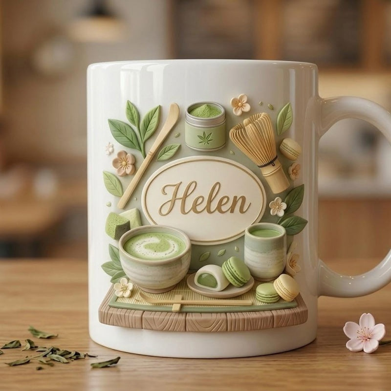 Tailorly White Ceramic 11 oz Mug - Helen Artistic Three Dimensional Matcha Tea Set Featuring Bamboo Whisk And Green Leaves Matcha