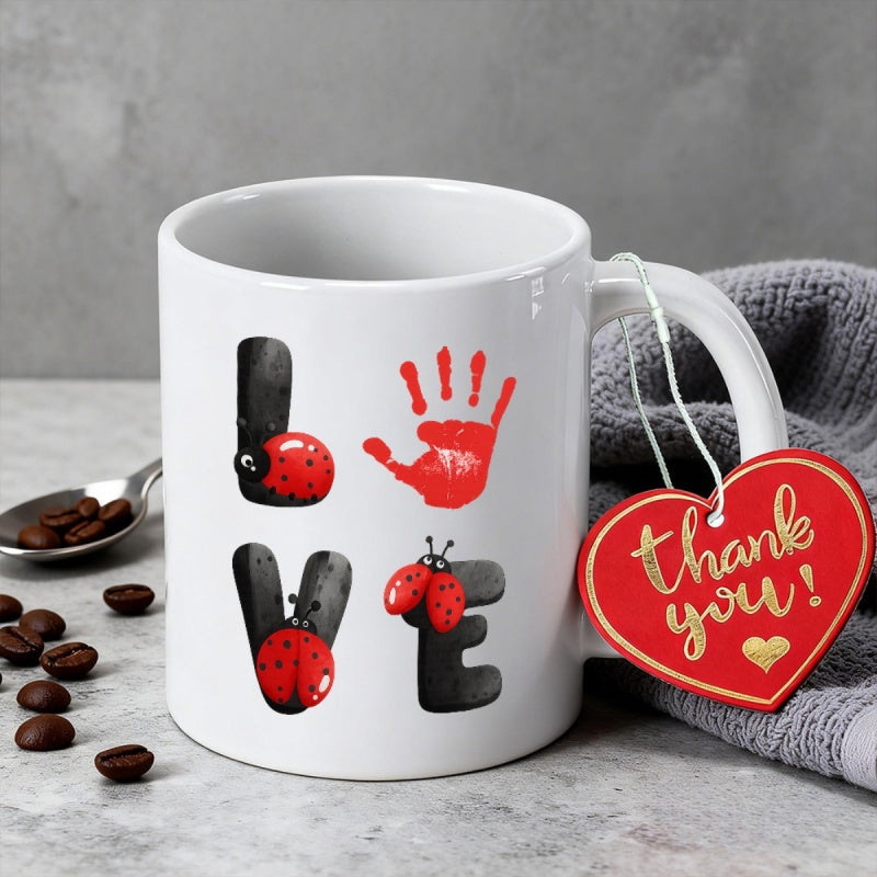 Tailorly White Ceramic 11 oz Mug - Love Tiny Red Spotted Insects Crawling Across Artistic Handprint And Bold Letters Ladybug