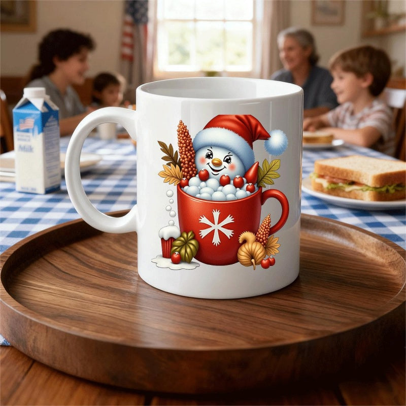 Tailorly White Ceramic 11 oz Mug - Adorable Festive Character Wearing Santa Hat Resting Inside Hot Cocoa Mug Snowman