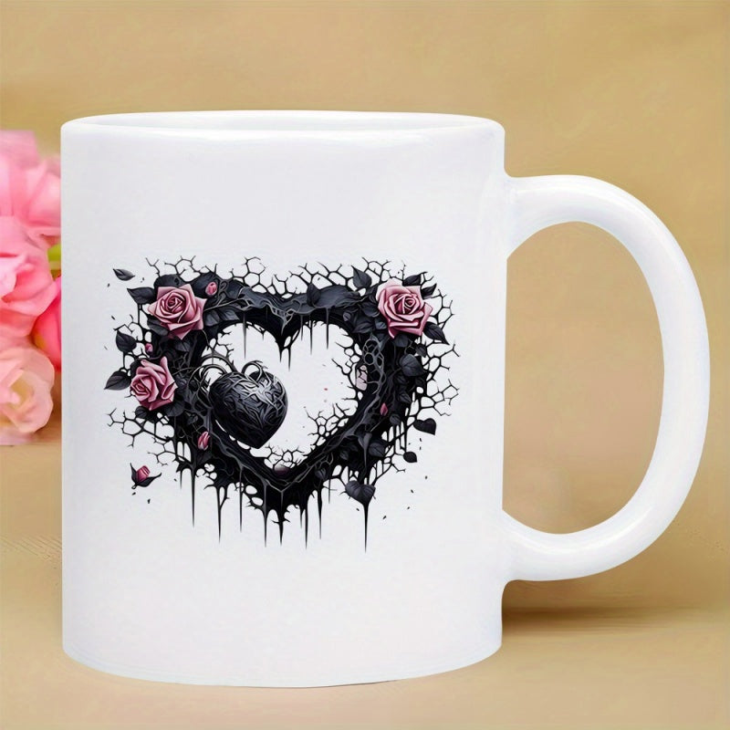 Tailorly White Ceramic 11 oz Mug - Dark Gothic Thorny Frame With Pink Roses And Intricate Dripping Ink Heart