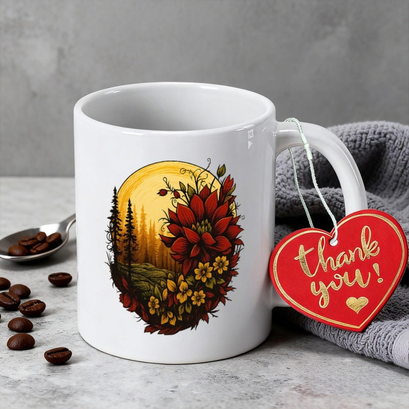 Tailorly White Ceramic 11 oz Mug - Thank You Vibrant Autumn Landscape Under Sunset Surrounded By Pine Trees And Floral Flower