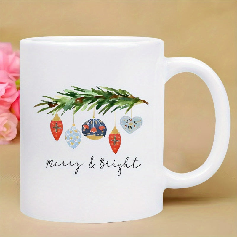 Tailorly White Ceramic 11 oz Mug - Merry Bright Festive Watercolor Evergreen Branch With Traditional Colorful Ornaments Branch