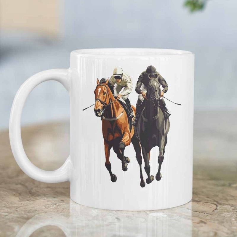 Tailorly White Ceramic 11 oz Mug - Fast Galloping Thoroughbreds Racing With Professional Jockeys In Intense Action Horse