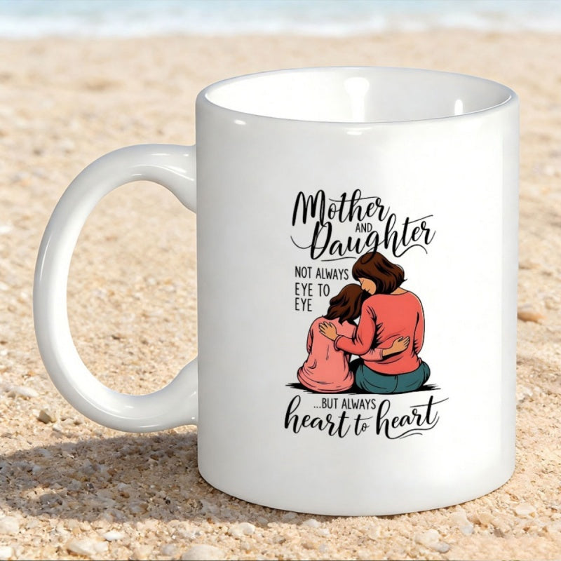 Tailorly White Ceramic 11 oz Mug - Mother And Daughter Not Always Eye To Eye But Always Heart To Heart Sitting Together Sharing A Loving Moment In Soft Colors