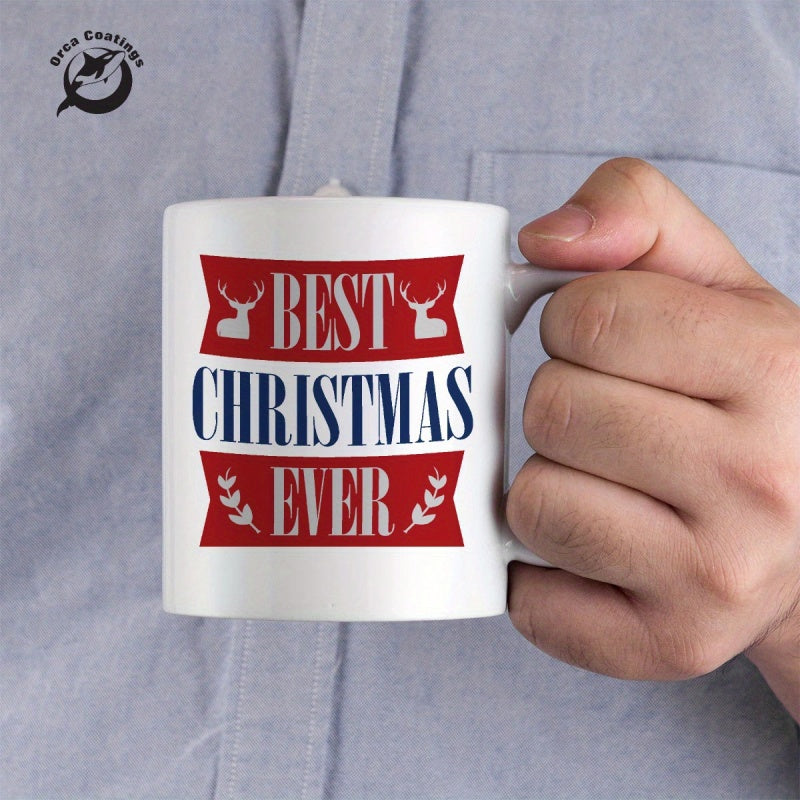 Tailorly White Ceramic 11 oz Mug - Best Christmas Ever Festive Red Banners Featuring Reindeer Silhouettes And Wheat Sign