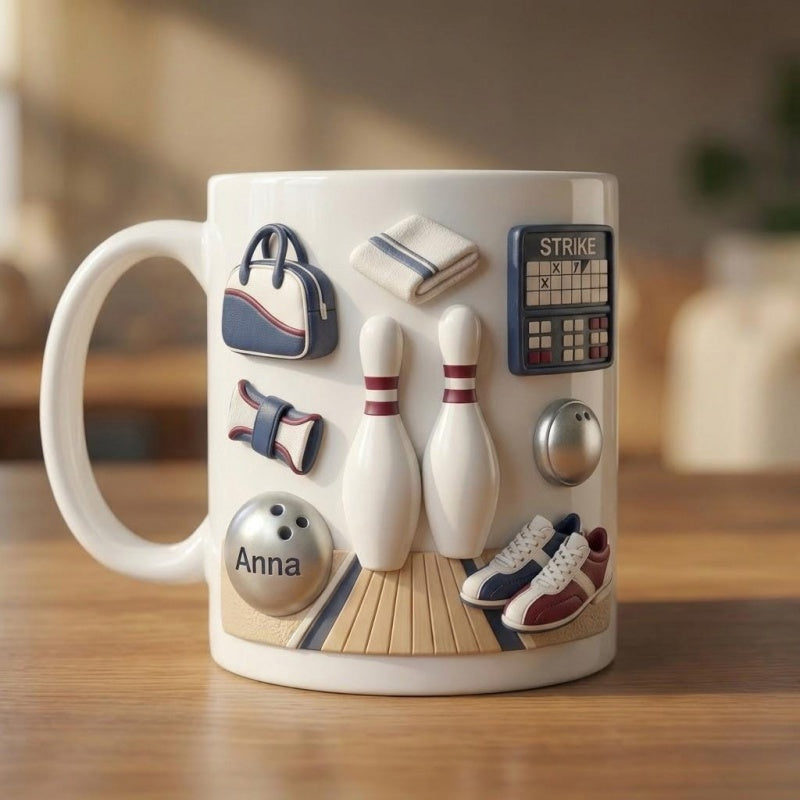 Tailorly White Ceramic 11 oz Mug - Anna Strike Sport Equipment Collection Arranged On A Polished Wooden Floor Bowling Pins