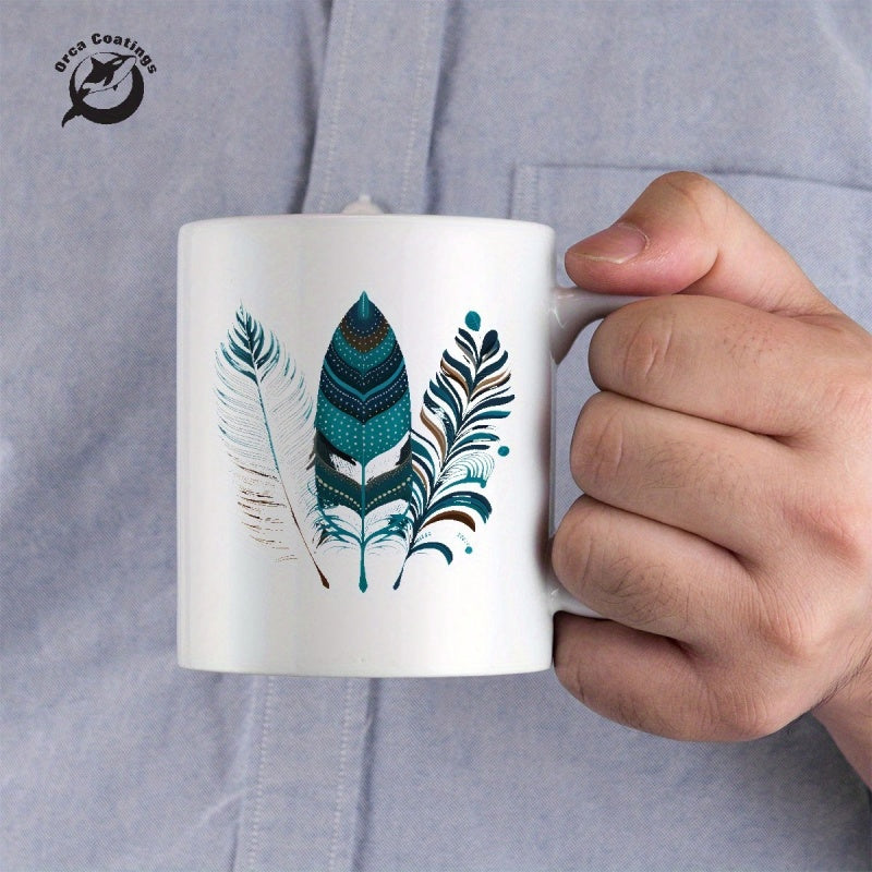 Tailorly White Ceramic 11 oz Mug - Artistic Set Of Three Patterned Feathers With Teal And Earthy Tones Feather