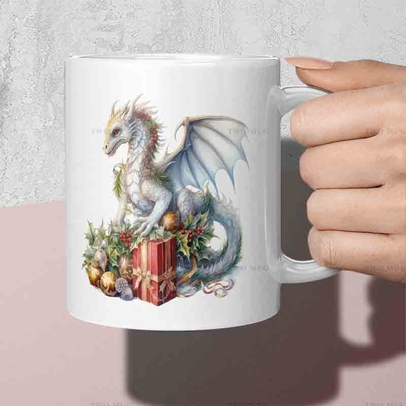 Tailorly White Ceramic 11 oz Mug - Majestic Winged Fantasy Beast Guarding A Festive Holiday Gift Box Dragon