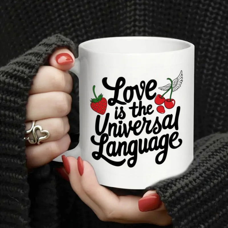 Tailorly White Ceramic 11 oz Mug - Love Is The Universal Language Vibrant Red Fruit Accents Surrounding Elegant Black Script Calligraphy Quote Mug