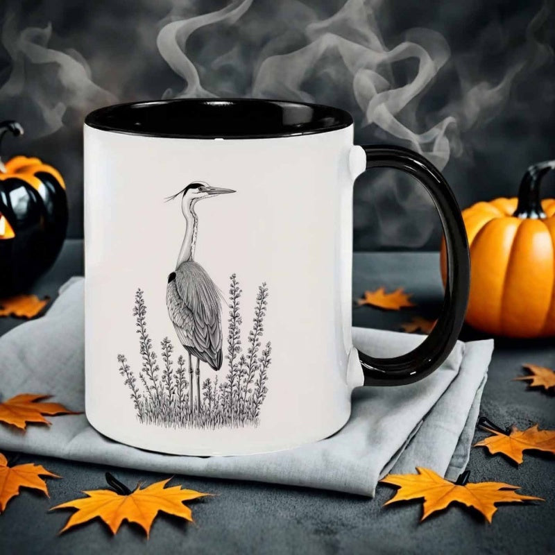 Tailorly Black Accent 11 oz Mug - sketch style heron