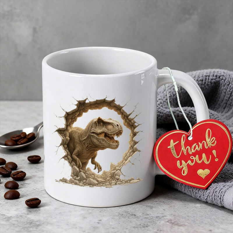 Tailorly White Ceramic 11 oz Mug - Thank You Powerful Prehistoric T Rex Bursting Out From A Distressed Wall Opening Dinosaur