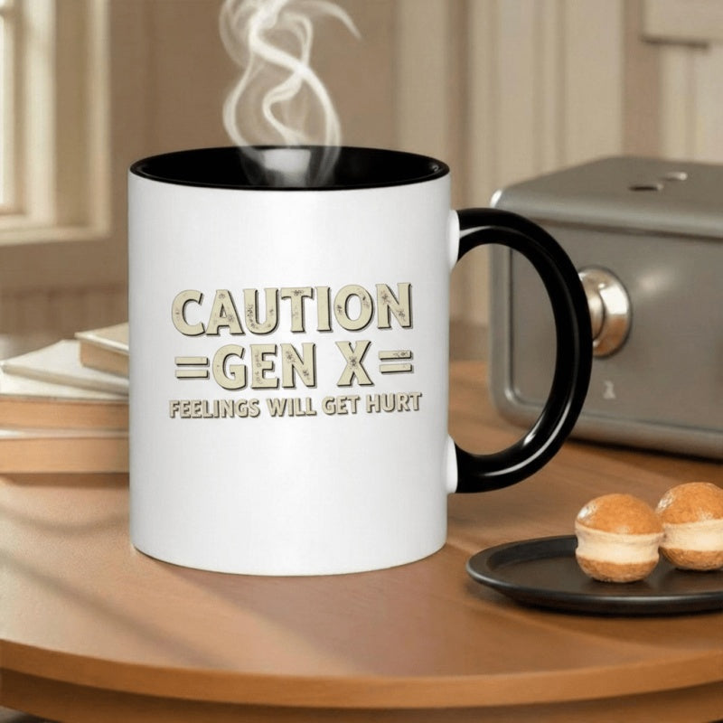 Tailorly Black Accent 11 oz Mug - caution feelings will get hurt text