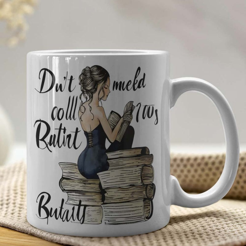 Tailorly White Ceramic 11 oz Mug - Elegant Girl Sitting On Large Stack Of Old Books Quietly Reading Woman