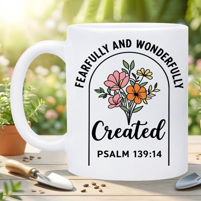 Tailorly White Ceramic 11 oz Mug - Fearfully And Wonderfully Created Psalm 139 14 Colorful Bouquet Of Hand Drawn Blossoms Inside A Minimalist Black Arch Flower
