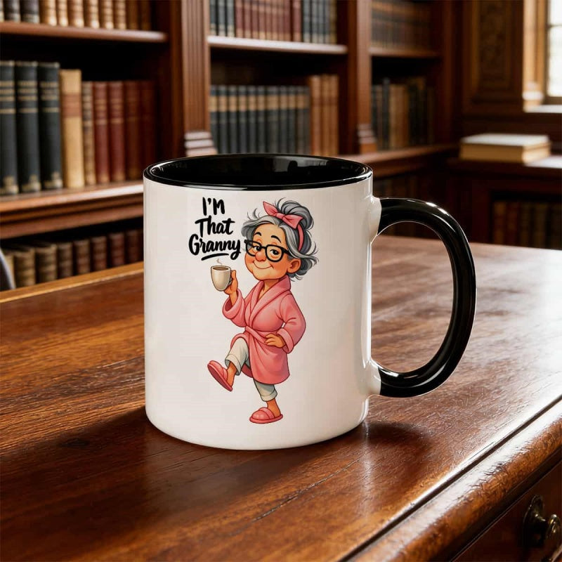 Tailorly Black Accent 11 oz Mug - funny granny holding coffee