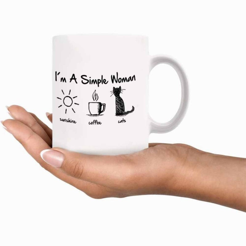 Tailorly White Ceramic 11 oz Mug - Im A Simple Woman Sunshine Coffee Cats Minimalist Black Silhouettes Featuring Warm Sun And Steaming Morning Brew Cat