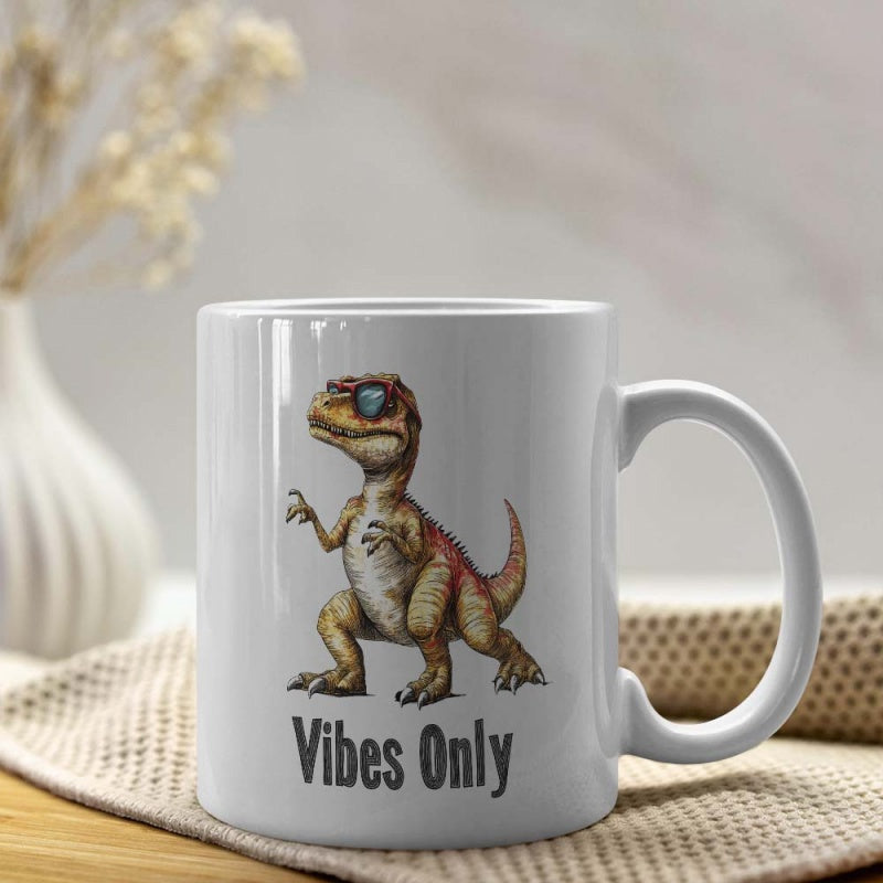 Tailorly White Ceramic 11 oz Mug - Vibes Only Cool Prehistoric Creature Wearing Blue Tinted Sunglasses Standing Confidently Dinosaur