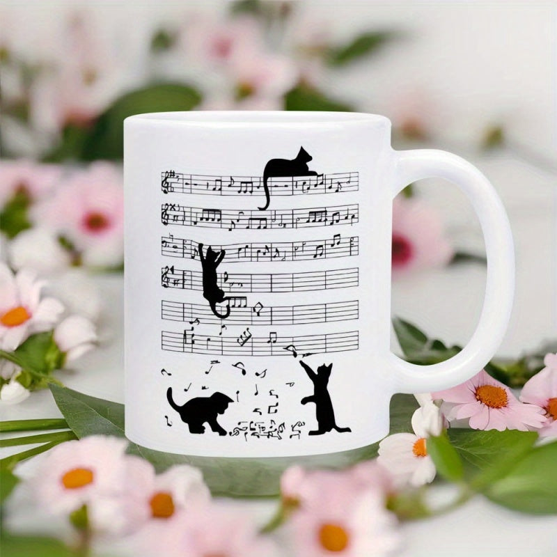 Tailorly White Ceramic 11 oz Mug - Playful Black Silhouette Felines Interacting With Sheet Music Staff And Notes Cat
