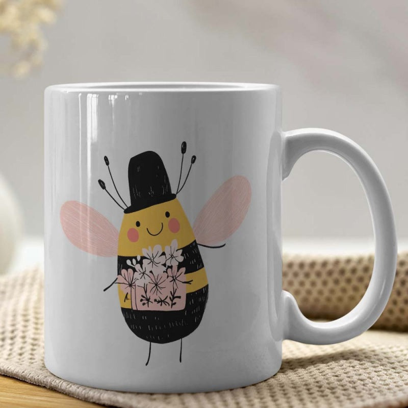 Tailorly White Ceramic 11 oz Mug - Adorable Honeybee Wearing Small Black Top Hat Holding Flower Bouquet Bee