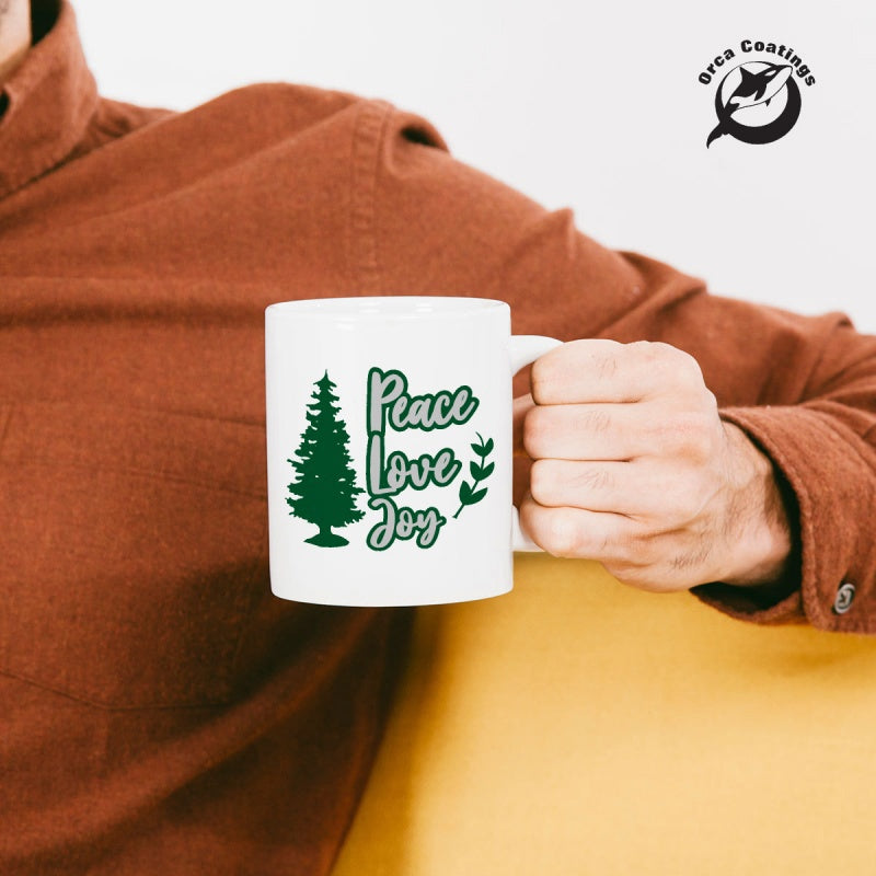 Tailorly White Ceramic 11 oz Mug - Peace Love Joy Handcrafted Style Featuring Evergreen Forest Elements Under Serene Winter Pine Tree