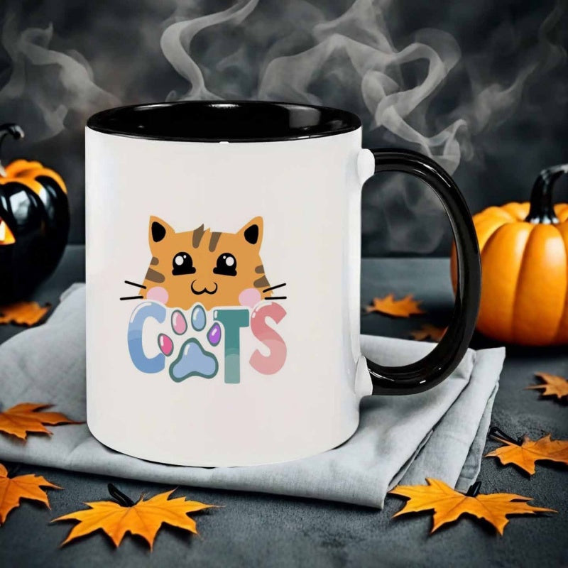 Tailorly Black Accent 11 oz Mug - cartoon style cat letters