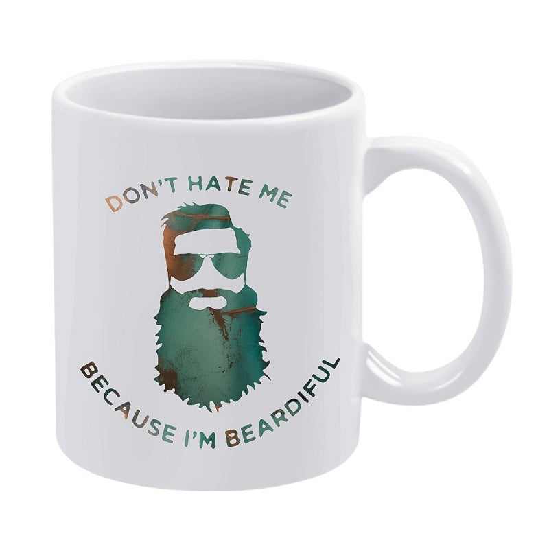 Tailorly White Ceramic 11 oz Mug - Dont Hate Me Because Im Beardiful Cool Silhouette Styled With Mossy Green Texture Wearing Modern Dark Sunglasses Bearded Man