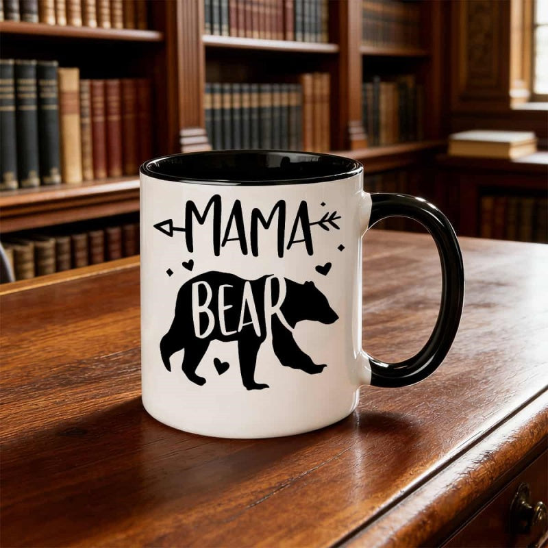 Tailorly Black Accent 11 oz Mug - mama bear， heart shaped handle， black bear silhouette， mama bear lettering