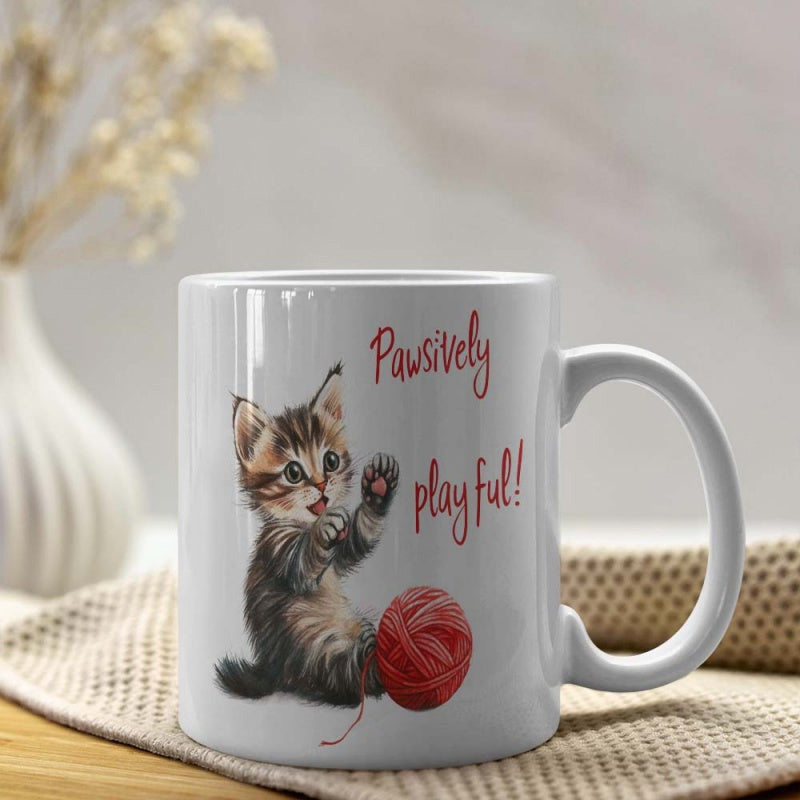 Tailorly White Ceramic 11 oz Mug - Pawsively Playful Adorable Small Striped Tabby Playing With A Red Ball Kitten