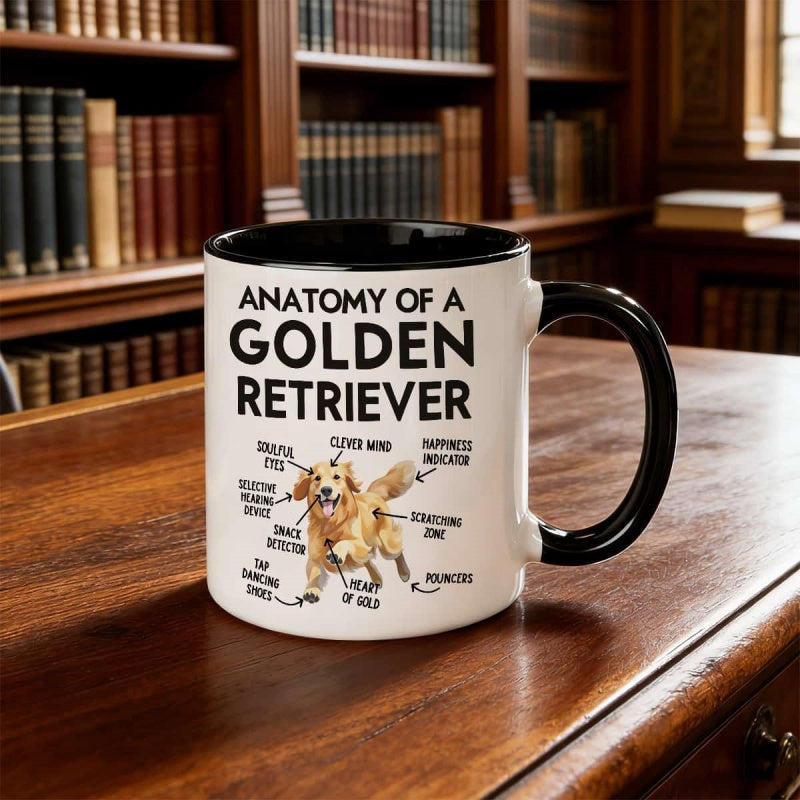 Tailorly Black Accent 11 oz Mug - anatomy of a golden retriever cartoon graphic
