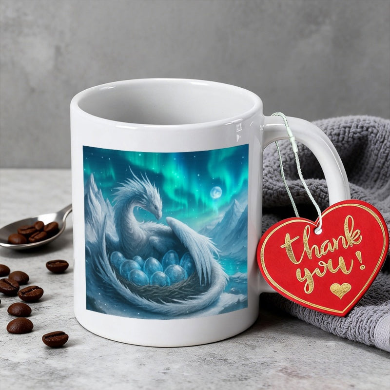 Tailorly White Ceramic 11 oz Mug - Thank You Majestic White Dragon Guarding Blue Eggs Under Radiant Northern Lights Aurora Dragon
