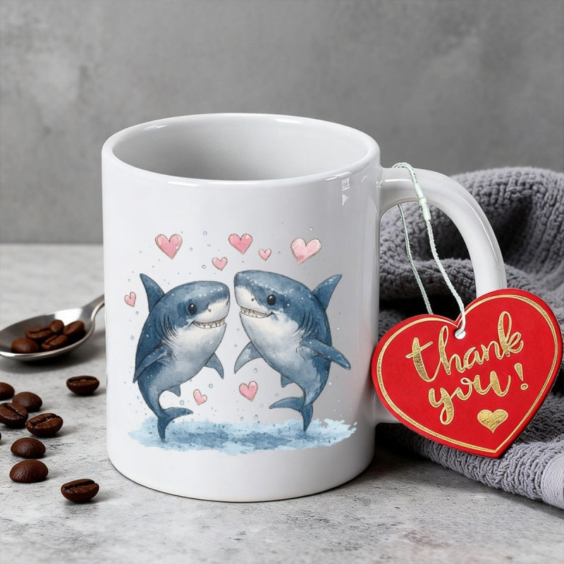 Tailorly White Ceramic 11 oz Mug - Thank You Two Friendly Watercolor Sharks Swimming Together Surrounded By Floating Pink Hearts Shark