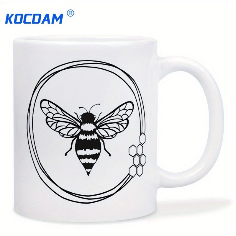 Tailorly White Ceramic 11 oz Mug - Minimalist Geometric Hand Drawn Circular Frame With Honeycomb Nature Bee