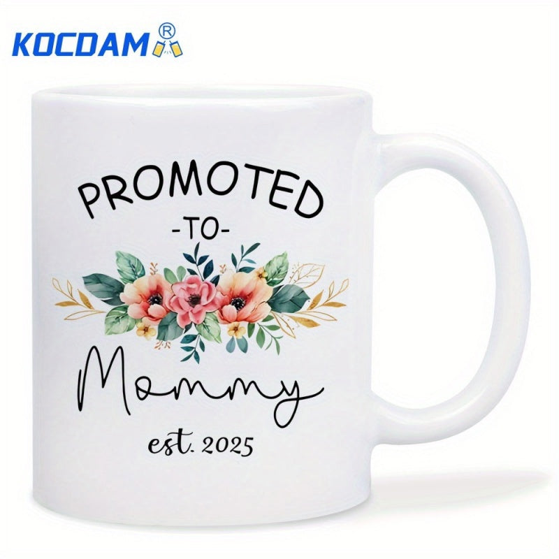 Tailorly White Ceramic 11 oz Mug - Promoted To Mommy Est 2025 Watercolor Flowers With Delicate Leaves Under Arched Elegant Script Text Mug