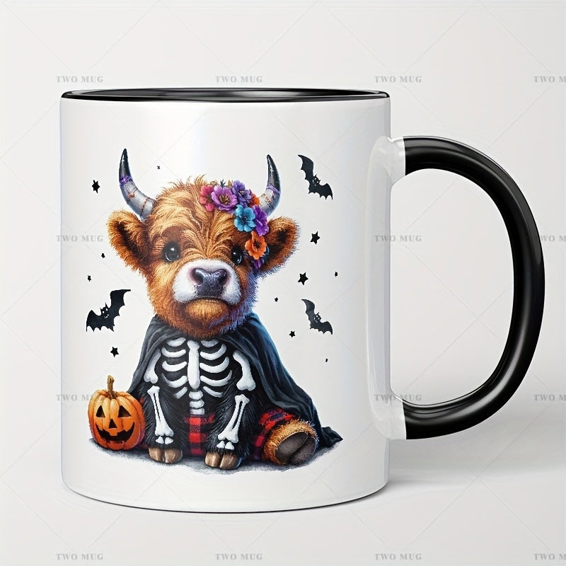Tailorly Black Accent 11 oz Mug - highland cow with floral pumpkin bats