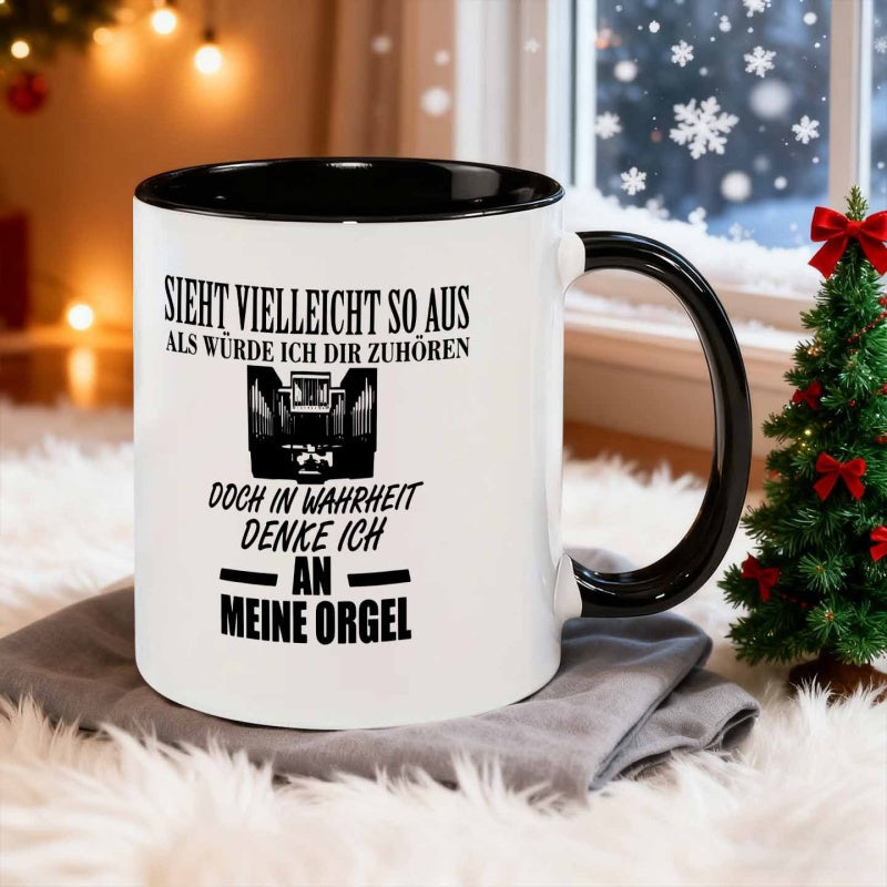 Tailorly Black Accent 11 oz Mug - looks like im listening but im thinking about my organ text