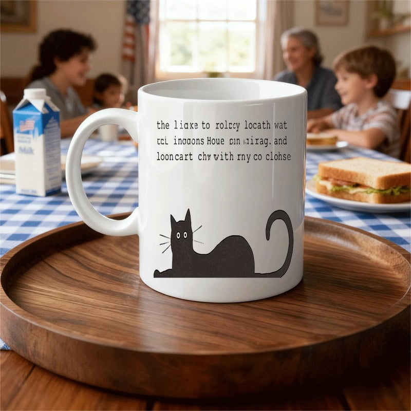 Tailorly White Ceramic 11 oz Mug - The I Love To Enjoy Lunch With Cat In Monn Hour On Ring And Lonncart Che With My Co Clothes Simple Black Silhouette Resting