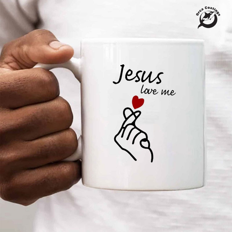 Tailorly White Ceramic 11 oz Mug - Jesus Love Me Minimalist Black Outline Showing Finger Heart Symbol With Red Heart