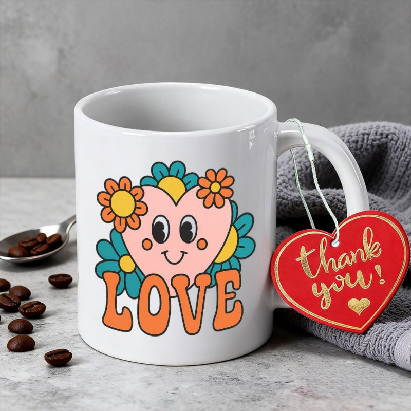 Tailorly White Ceramic 11 oz Mug - Love Retro Style Cartoon Face Surrounded By Colorful Petals And Flowers Heart