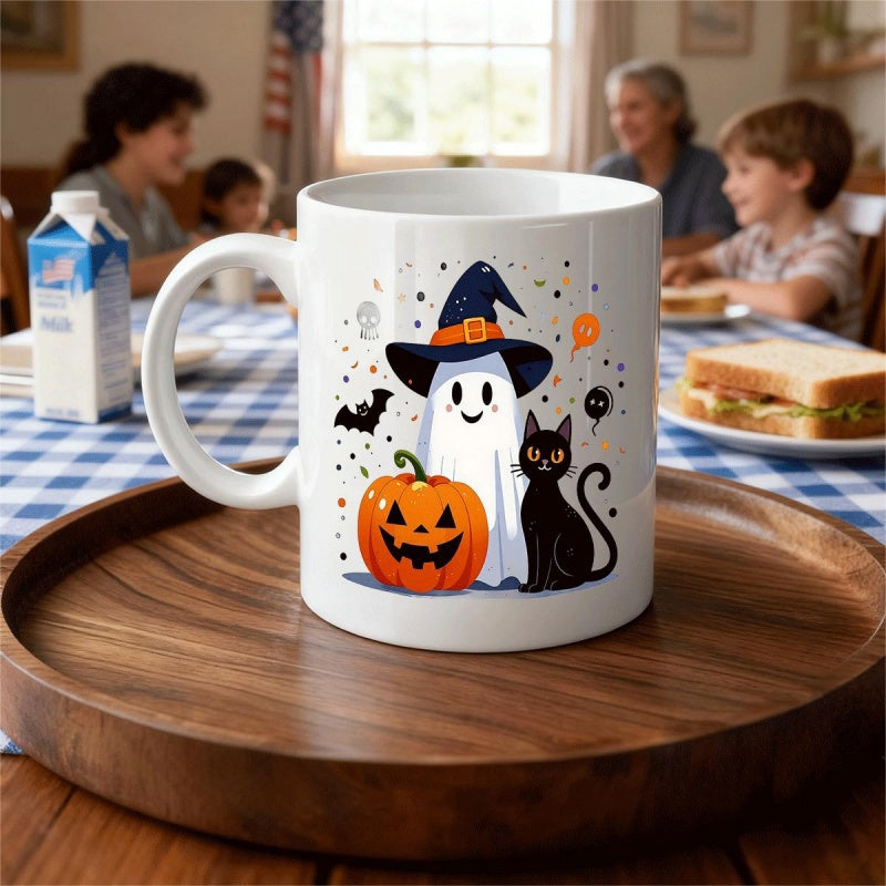 Tailorly White Ceramic 11 oz Mug - Festive Halloween Night Scene With Witch Hat Pumpkin And Black Cat Ghost