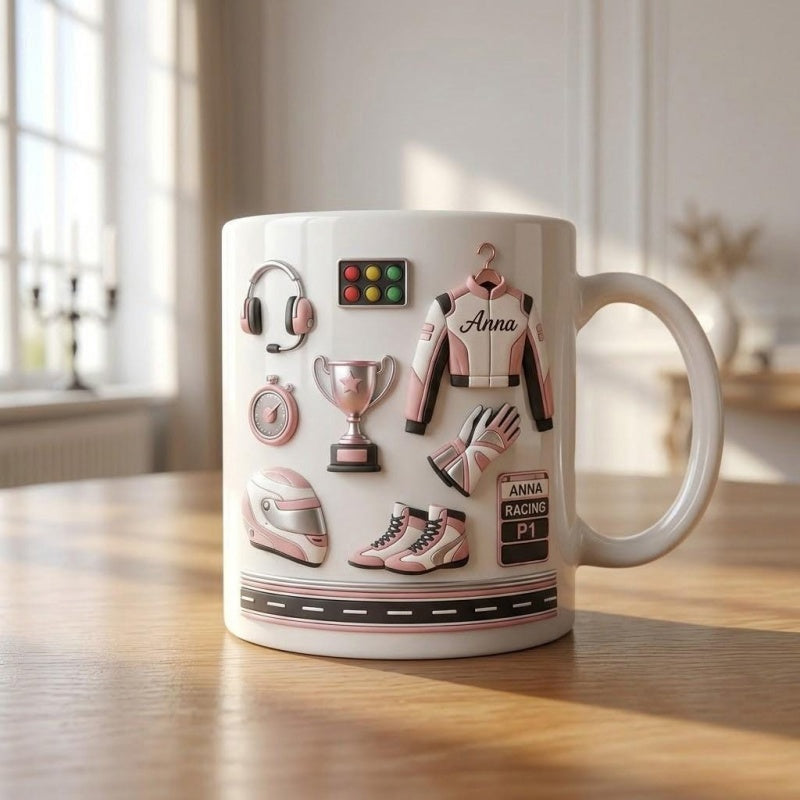 Tailorly White Ceramic 11 oz Mug - Anna Anna Racing P1 Pink Racing Gear Set With Helmet Trophy And Jacket Mug