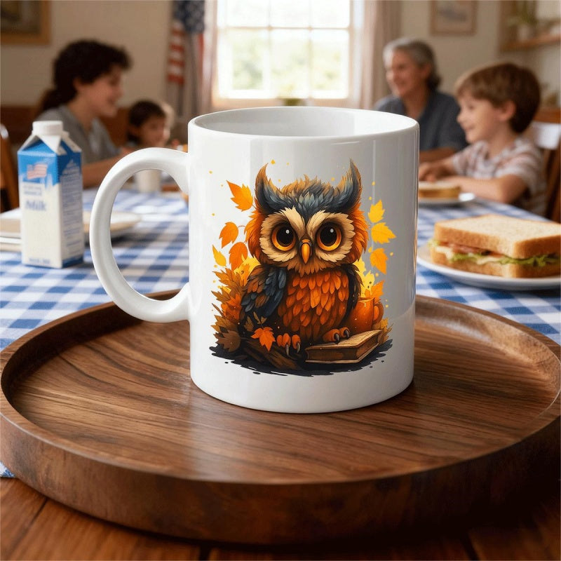 Tailorly White Ceramic 11 oz Mug - Charming Little Owl Perched On Book Surrounded By Autumn Leaves Owl