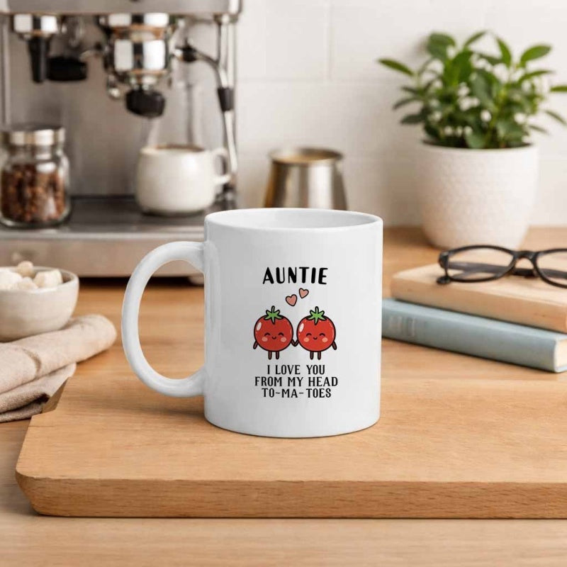 Tailorly White Ceramic 11 oz Mug - Auntie I Love You From My Head To Ma Toes Cute Smiling Cartoon Red Vegetables Holding Hands Under Tiny Red Hearts Tomatoes