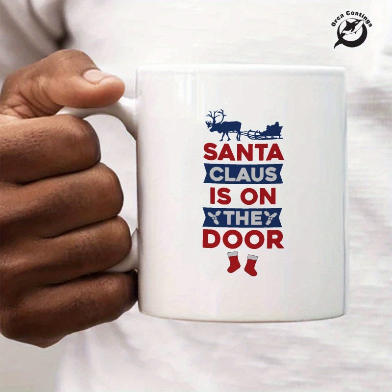 Tailorly White Ceramic 11 oz Mug - Santa Claus Is On They Door Festive Reindeer Sleigh And Red Christmas Stockings In Vertical Layout Mug
